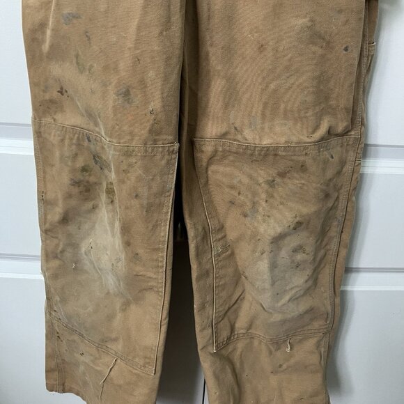 Vintage Carhartt Overalls Mens Tan Canvas Double Knee Dungaree Bib Distressed - Picture 3 of 12